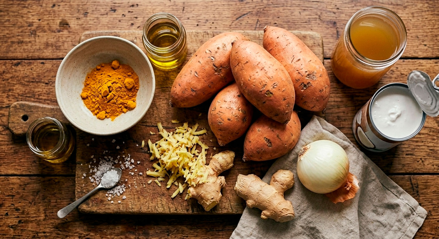 Ingredientes naturales para crema de camote y jengibre irresistible: camote, kión fresco, cúrcuma y leche de coco