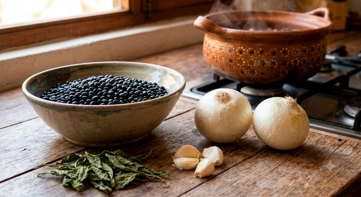 ingredientes crudos irresistibles para crema de frijol negro con hilos de crema agria