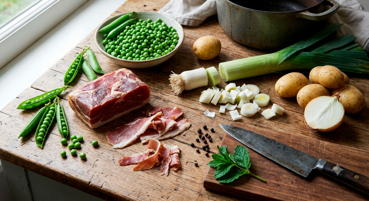 Sopa de guisantes con jamón serrano irresistible: ingredientes frescos listos para cocinar