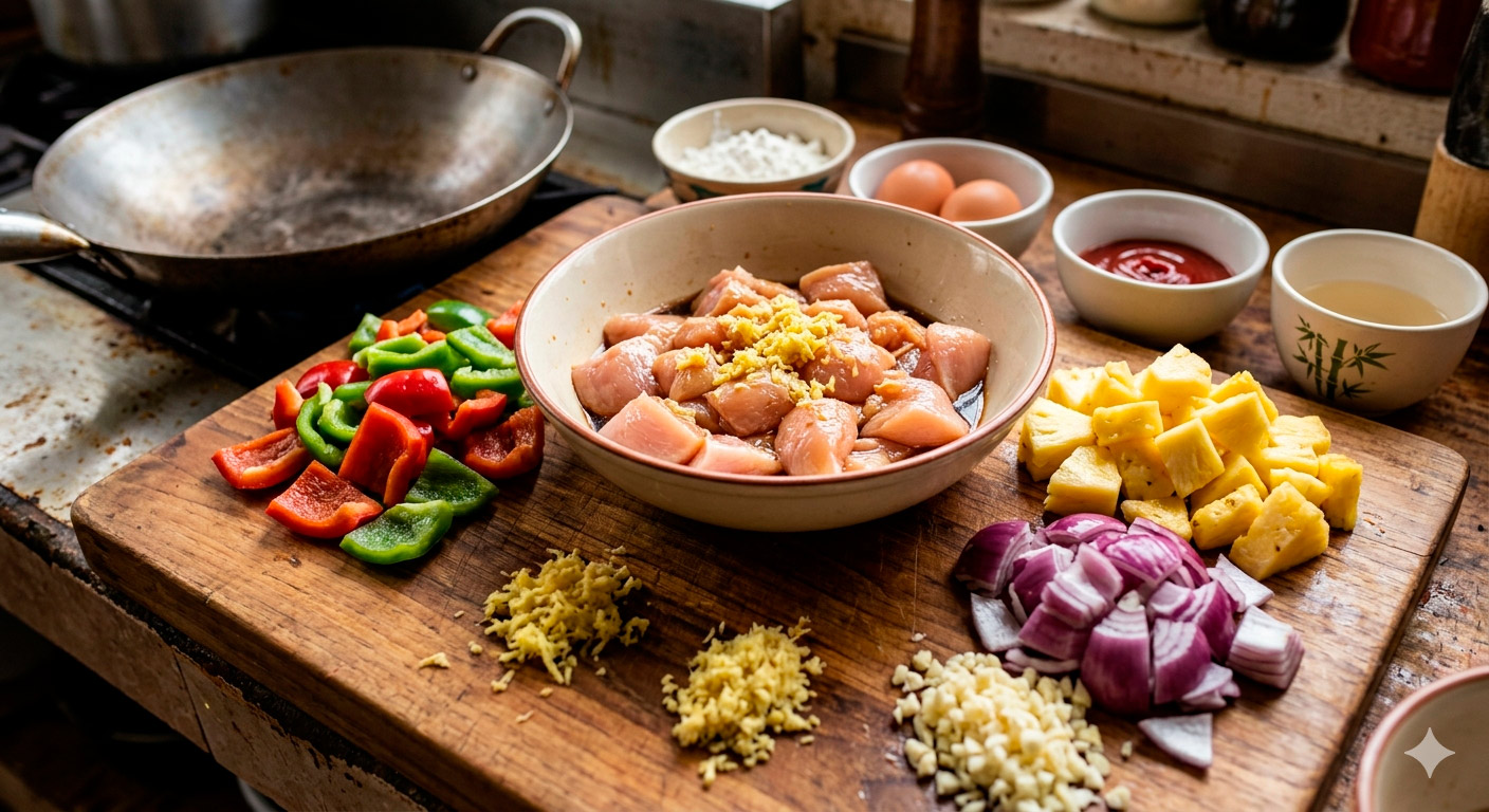 Pollo agridulce irresistible con piña y pimientos recién preparado en tazón rústico