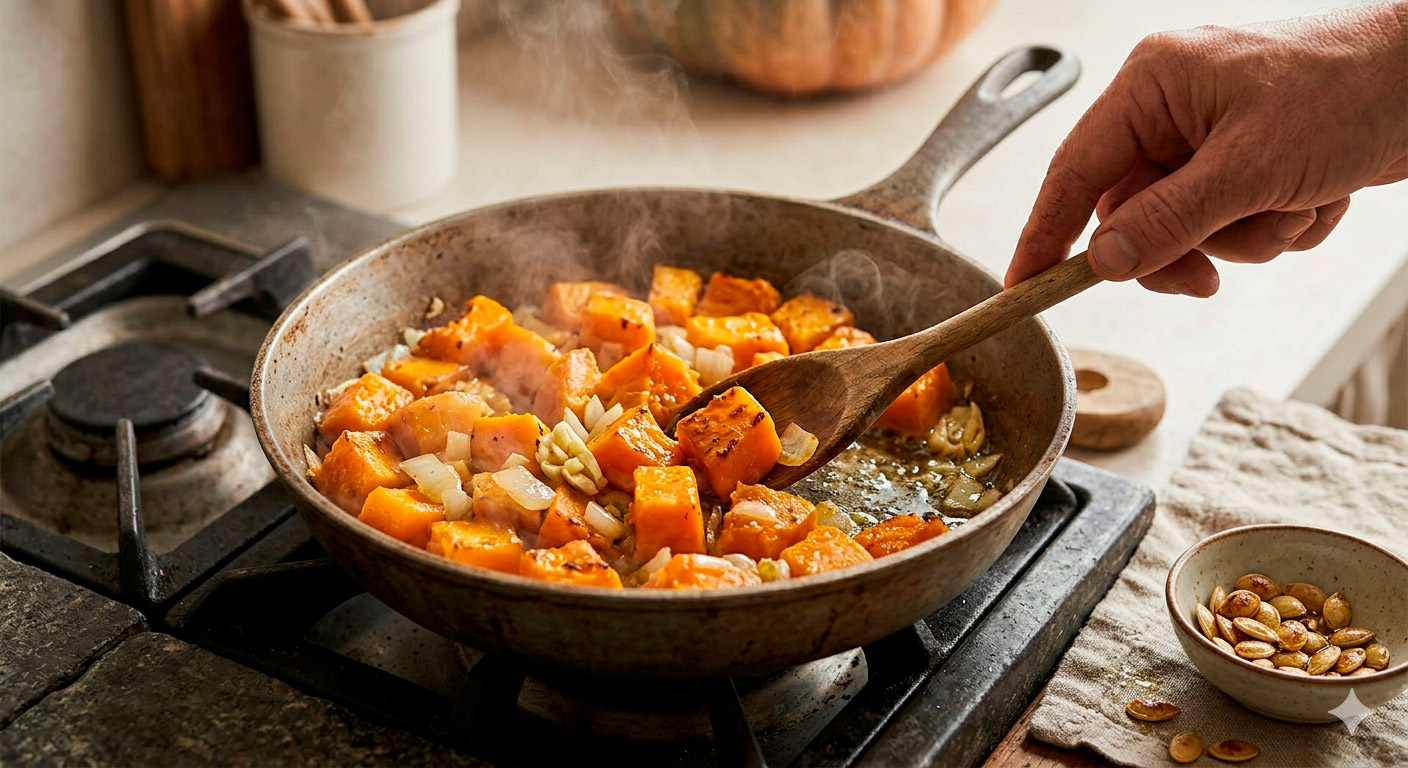 Ingredientes crudos para crema de calabaza de Castilla con pepitas tostadas, listos para preparar
