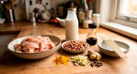 Ingredientes frescos para brochetas de pollo Satay irresistibles: cúrcuma, cacahuates, leche de coco y limoncillo