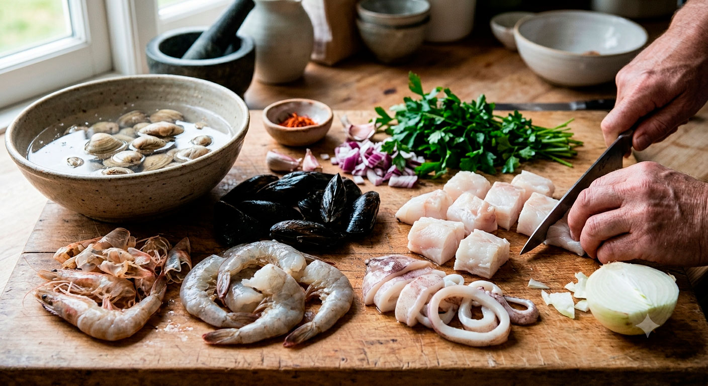 Ingredientes frescos para sopa de mariscos irresistible con aroma de azafrán en cocina rústica