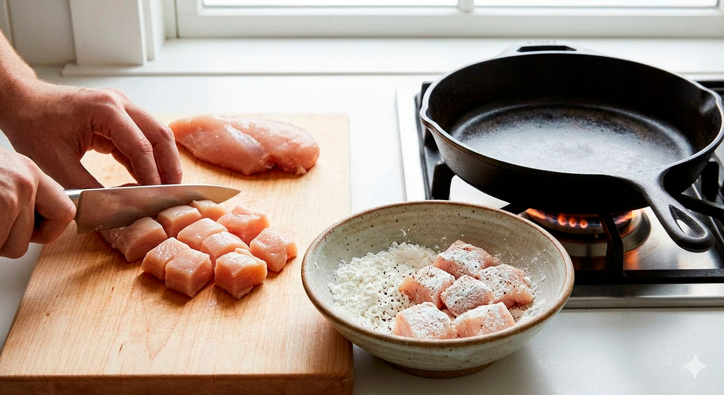 Cubos de pollo rebozados en almidón de maíz, listos para sellar