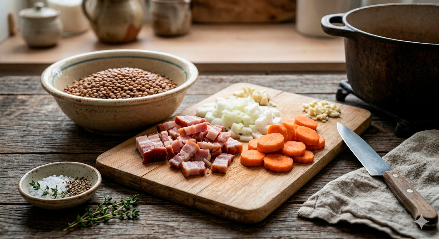 Sopa de lentejas casera con tocino crujiente recién preparada, lista para servir