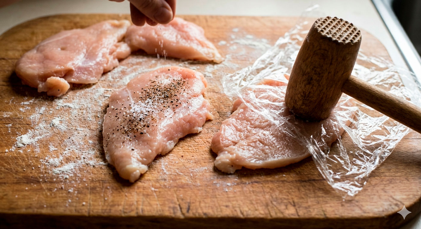 Milanesas de pollo con limón y perejil caseras recién preparadas, crujientes y doradas