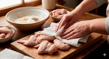 Alitas de pollo secándose con papel absorbente para lograr piel crujiente