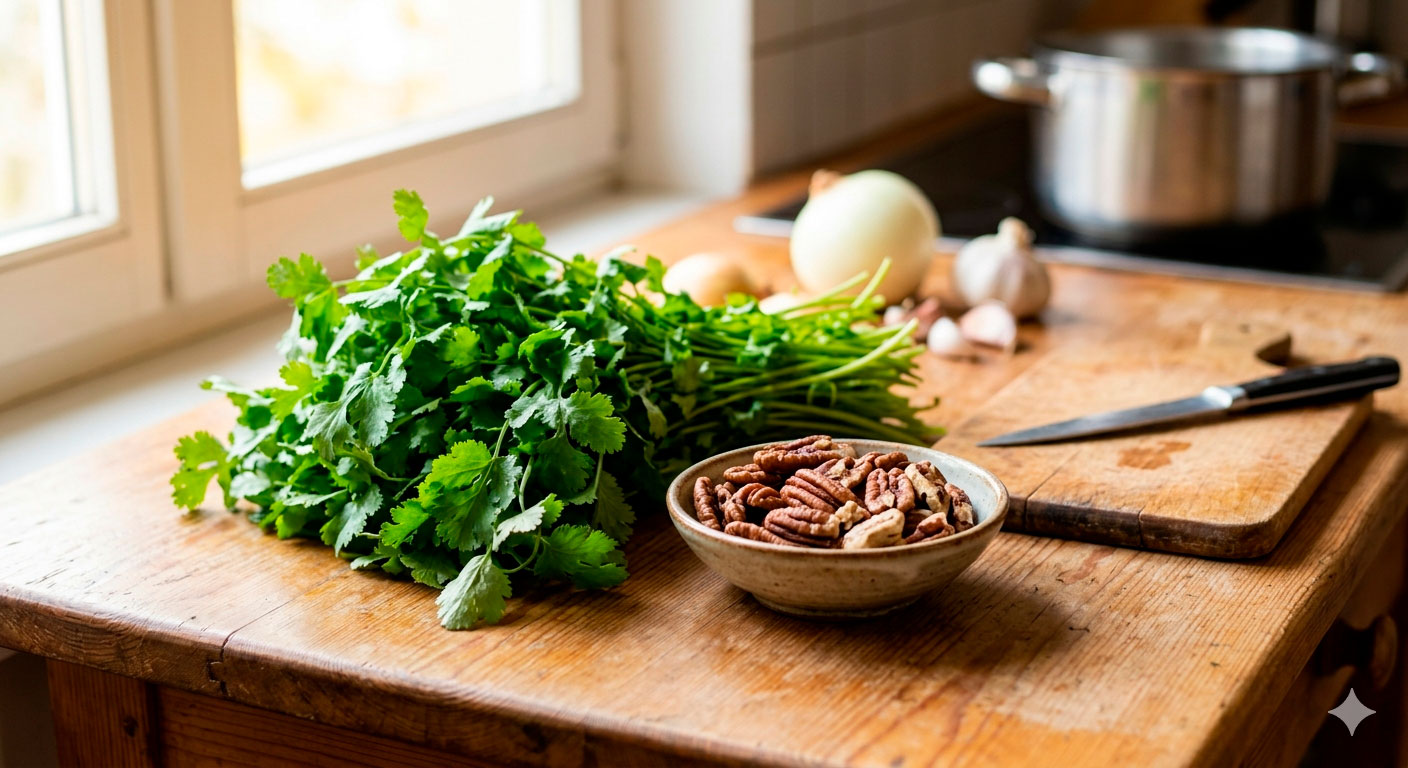 Ingredientes clave para preparar crema de cilantro irresistible con tropezones de nuez