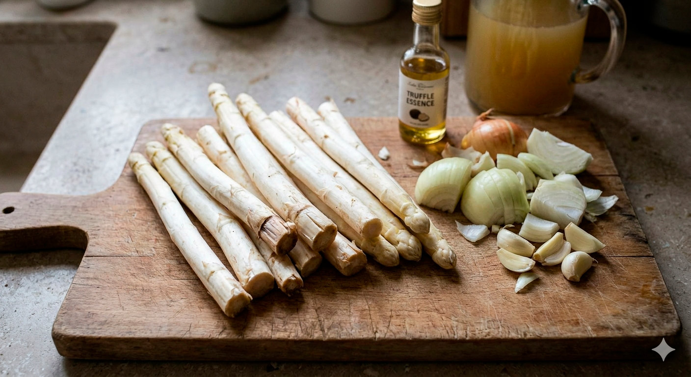 Crema de espárragos blancos con trufa irresistible y sus ingredientes frescos