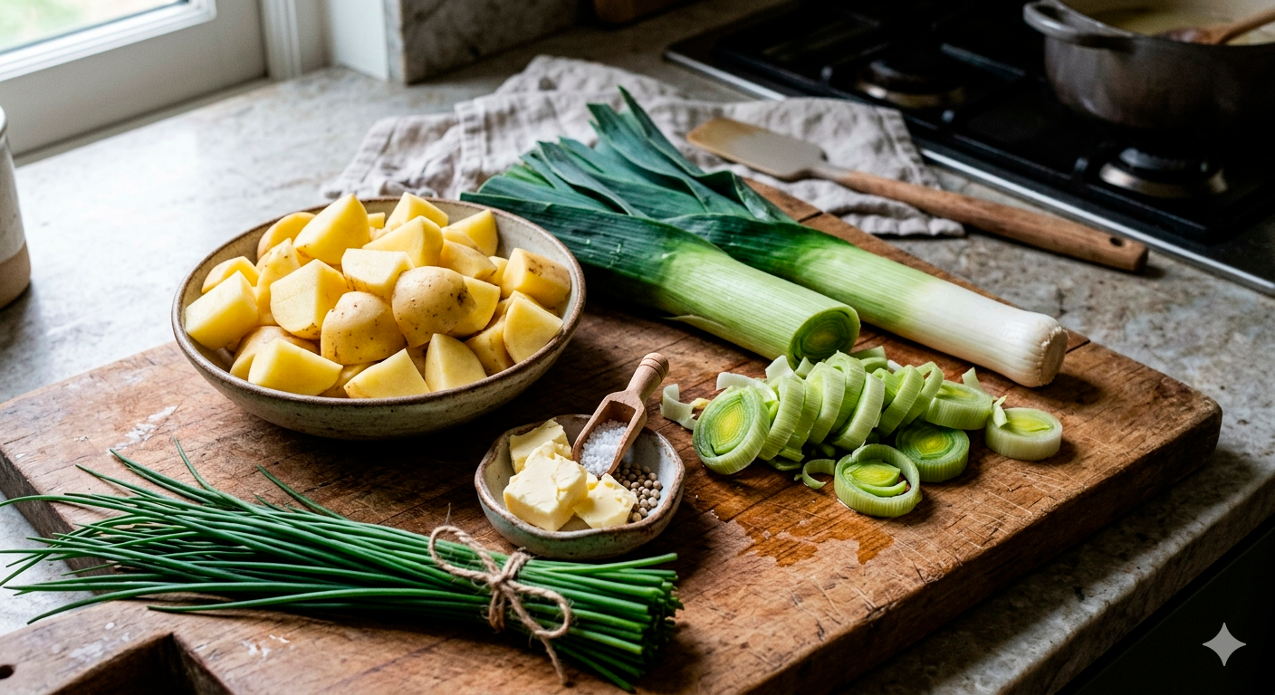 Crema de papa con puerro y cebollín irresistible, ingredientes frescos listos para preparar