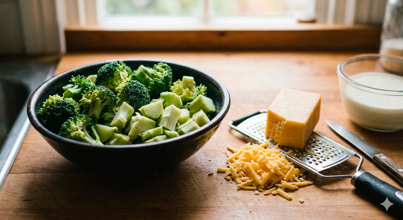 Crema de brócoli y queso cheddar irresistible con ingredientes frescos listos para preparar