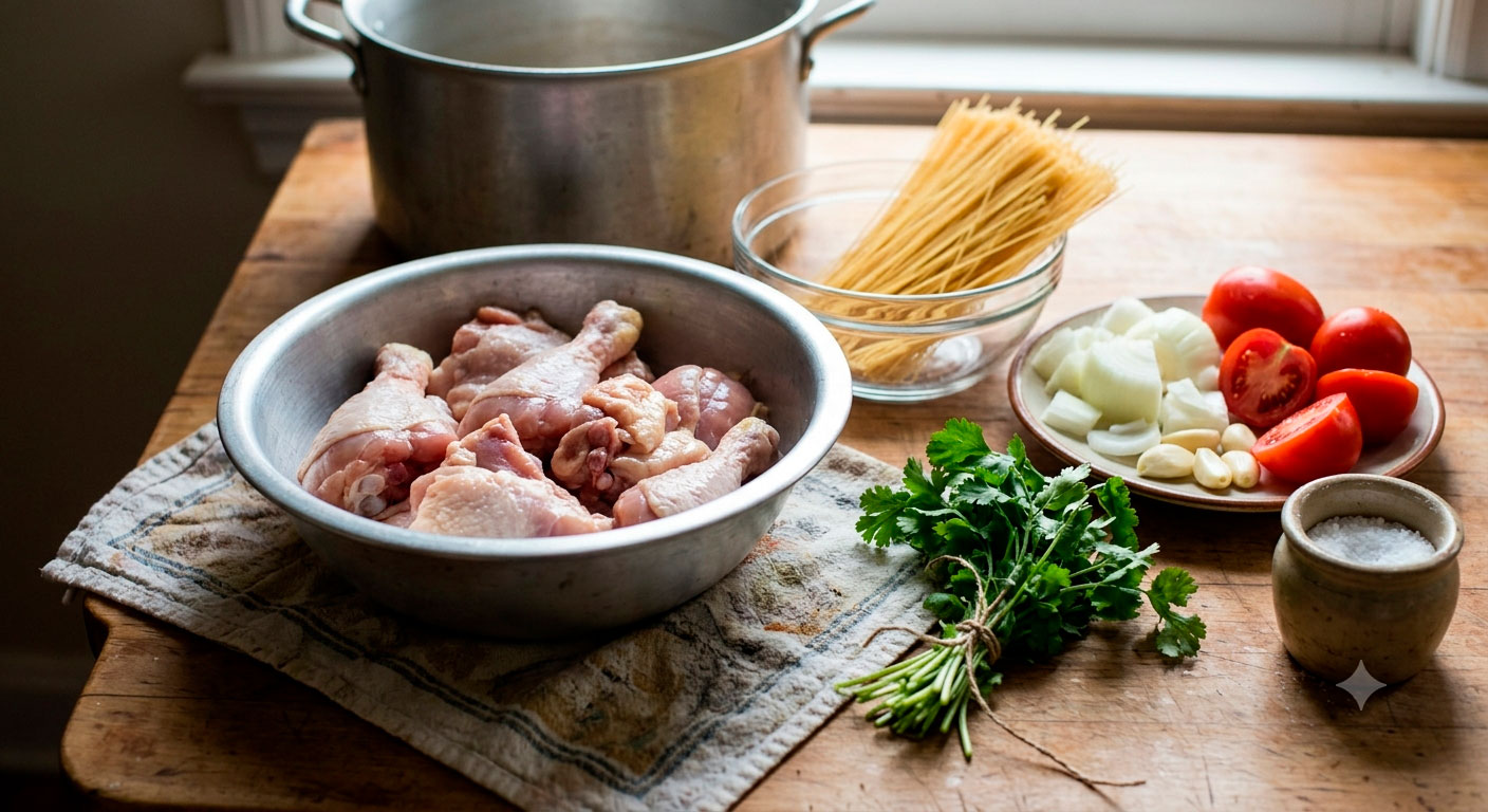 Ingredientes frescos para sopa de fideos fina en caldo de pollo irresistible