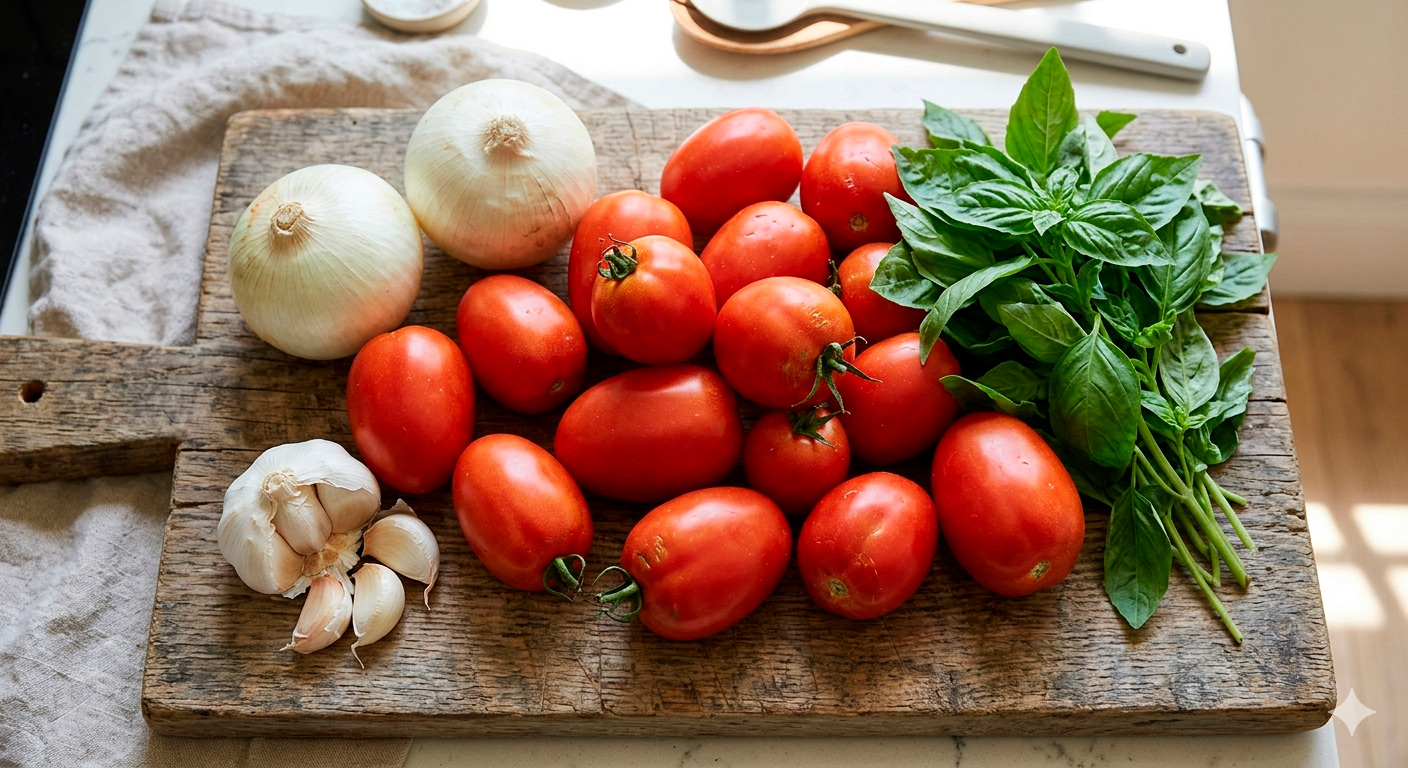 Sopa de tomate rostizado y albahaca fresca irresistible, ingredientes frescos listos para preparar