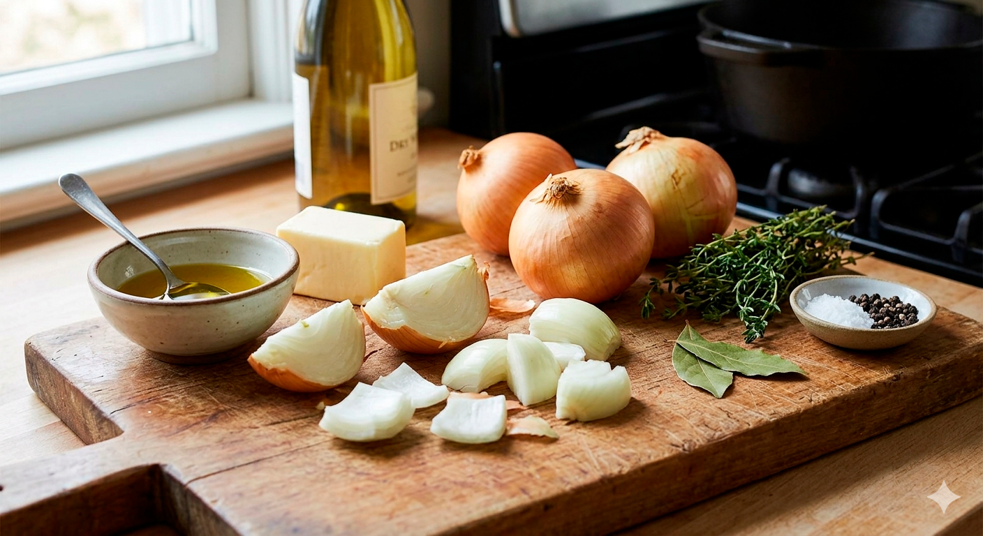 Ingredientes frescos para sopa de cebolla francesa irresistible listos en cocina