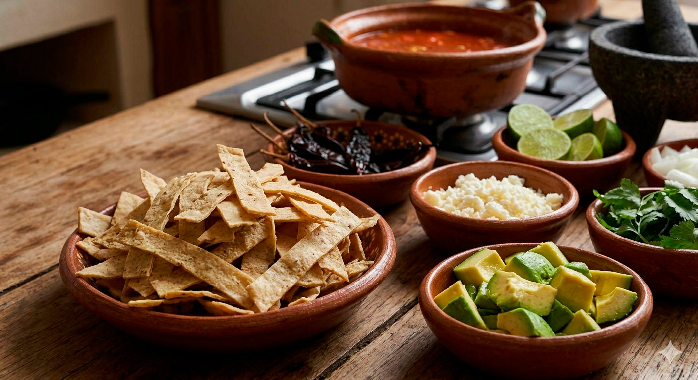 Ingredientes frescos para preparar sopa de tortilla tradicional irresistible con aguacate