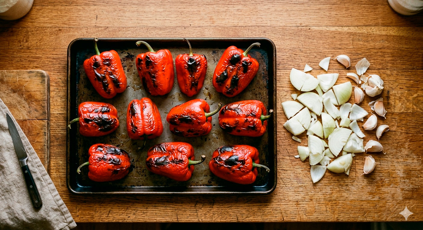 Crema de pimiento asado y queso de cabra lista para servir, perfectamente presentada en tazón