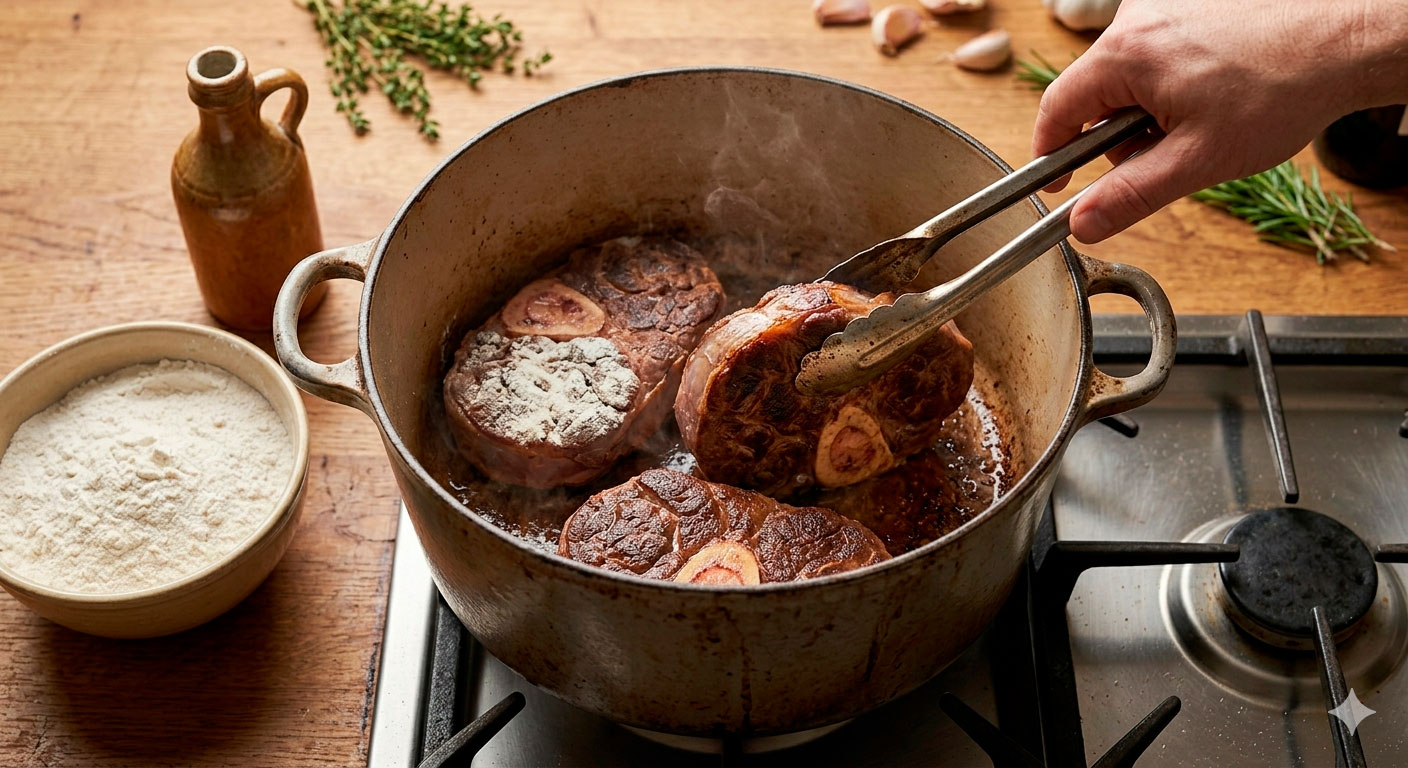 Sellado profundo del ossobuco al vino tinto en cazuela de fondo pesado