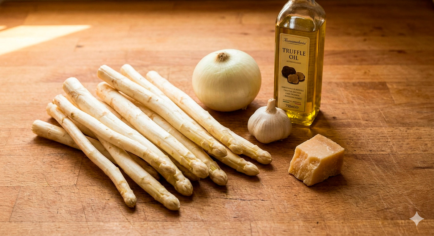 Ingredientes seleccionados para la crema de espárragos blancos con trufa perfecta