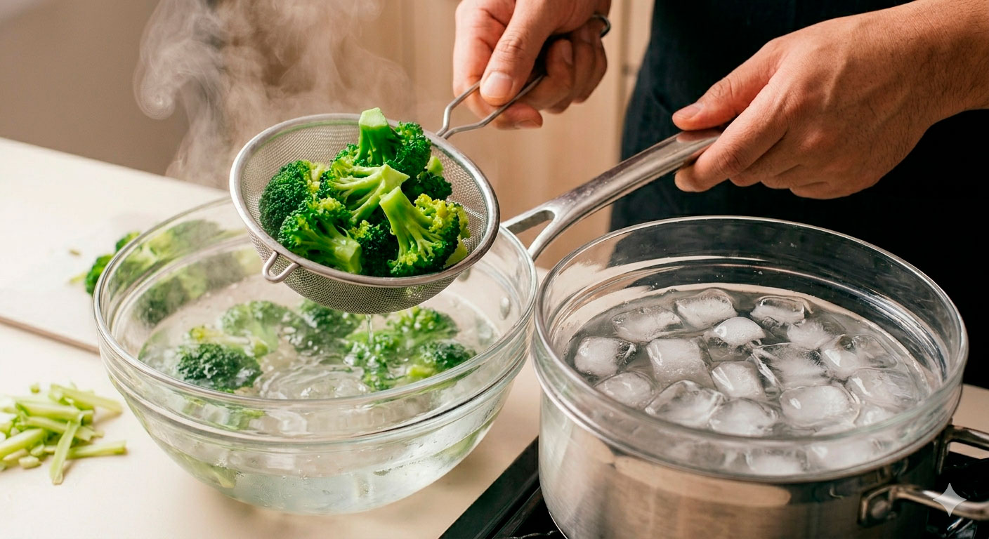 Blanqueado de brócoli en agua con hielo para salteado de cerdo con brócoli
