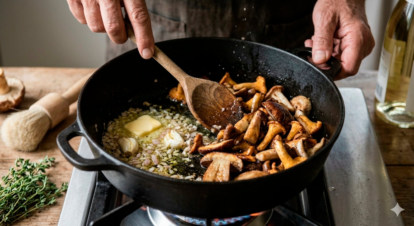 Champiñones silvestres caramelizándose en olla rústica para la crema de champiñones silvestres al tomillo