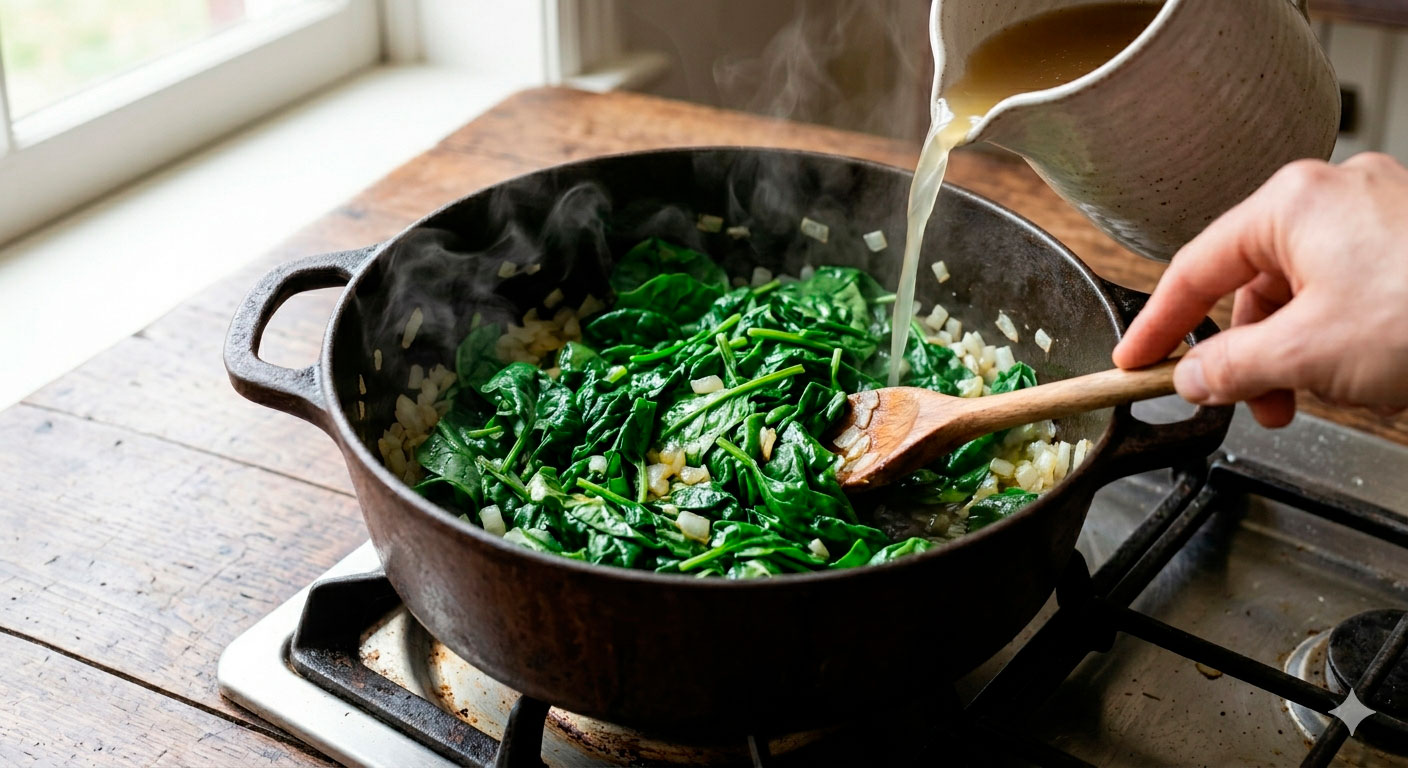 Sopa de espinacas frescas en proceso de cocción dentro de olla rústica