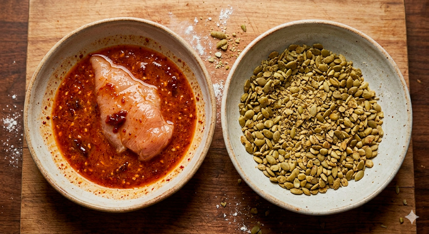 Estación de rebozado con ligue de chipotle y semillas de calabaza para pollo con costra