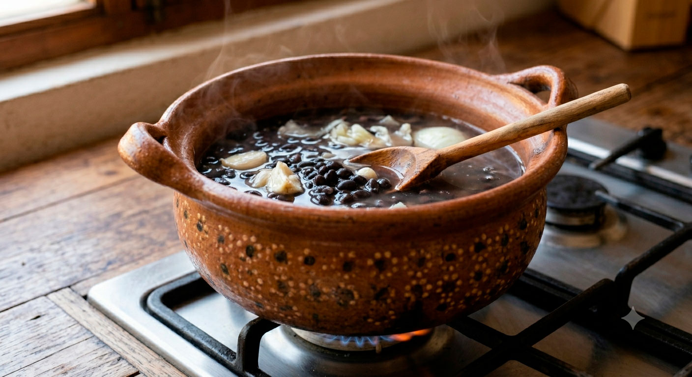 frijoles negros hirviendo a fuego lento en olla de barro para crema de frijol negro