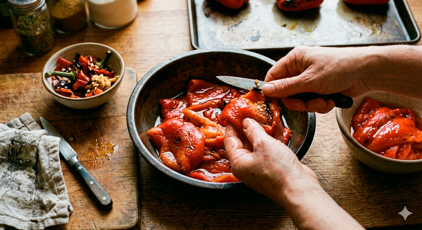 Limpieza y preparación manual de los pimientos asados