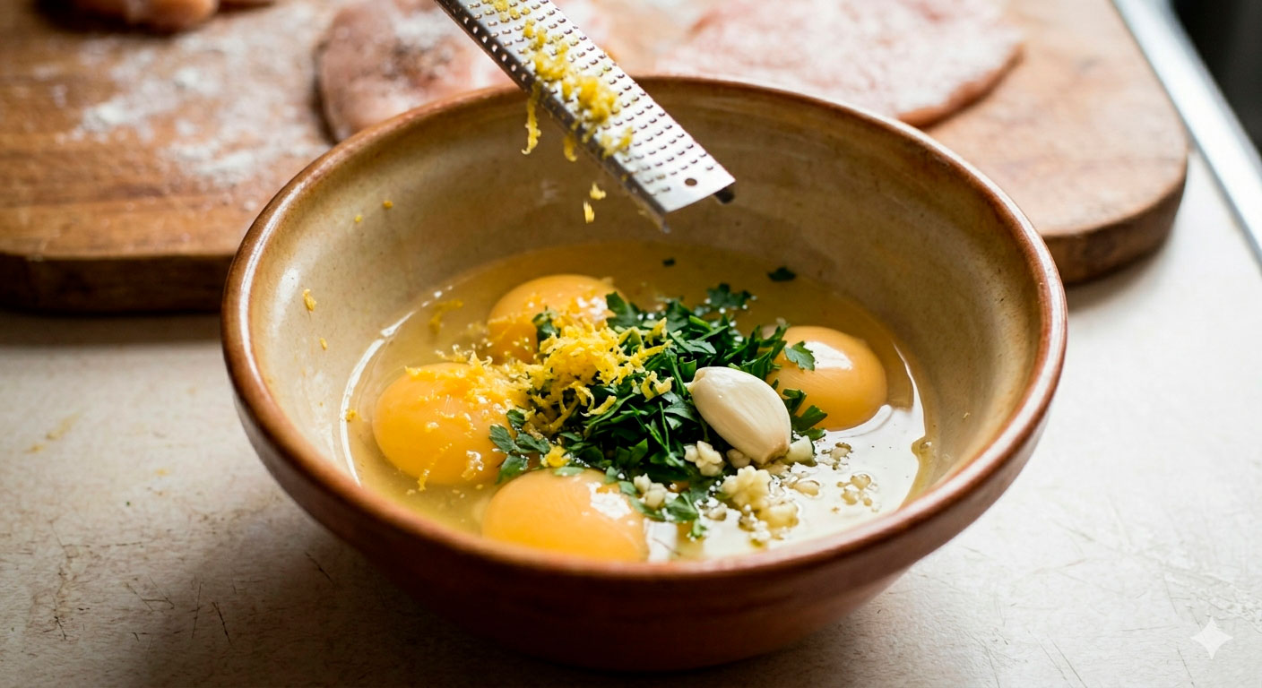 Mezcla de huevo batido con limón y perejil para milanesas de pollo con limón y perejil