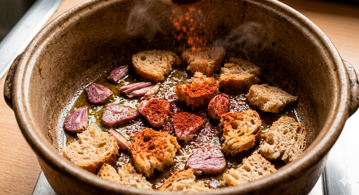 Country bread toasted with garlic and La Vera paprika, base of classic irresistible garlic soup