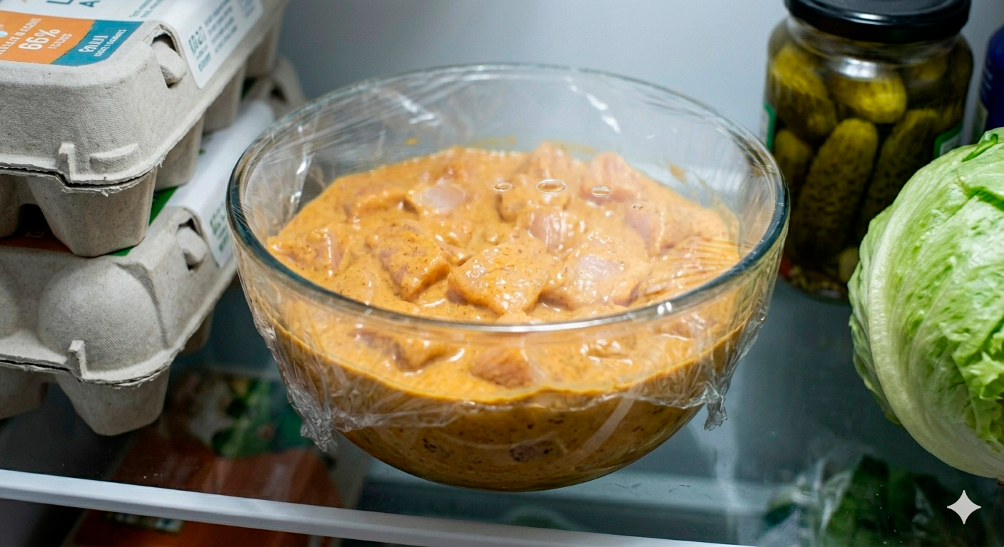 Pollo Marinado en Yogur Griego en reposo dentro del refrigerador durante el marinado