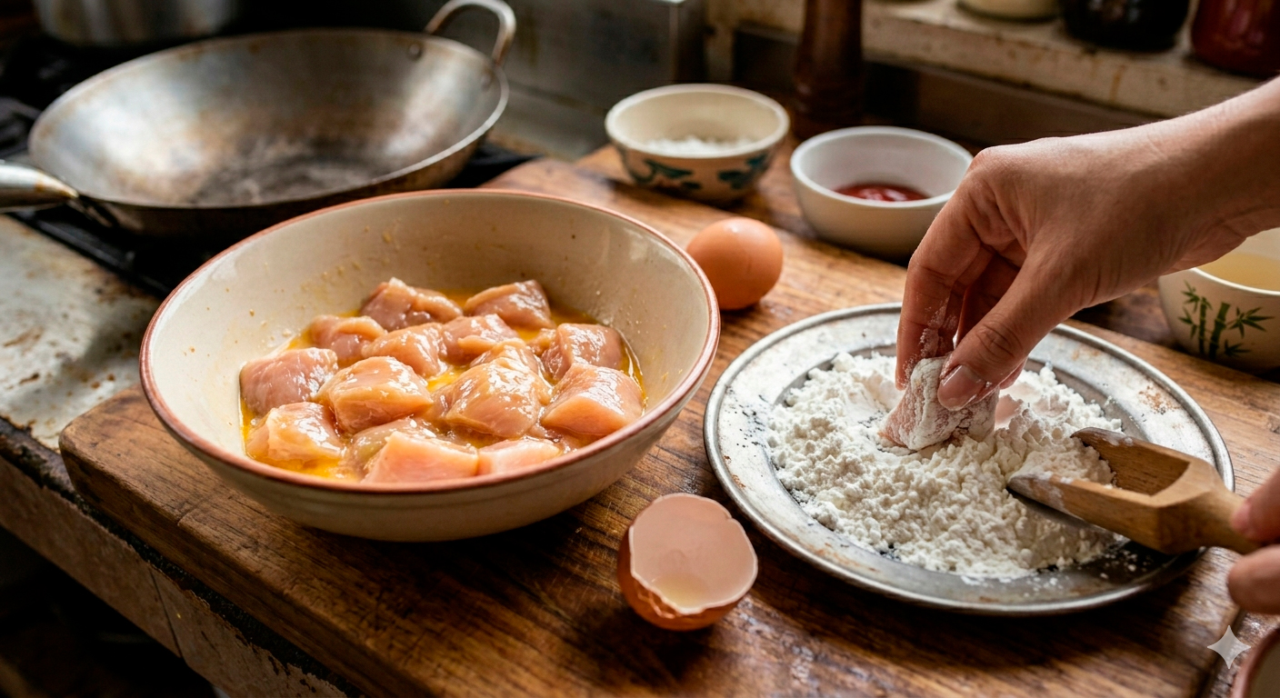 Pollo agridulce irresistible en proceso de rebozado con fécula de maíz