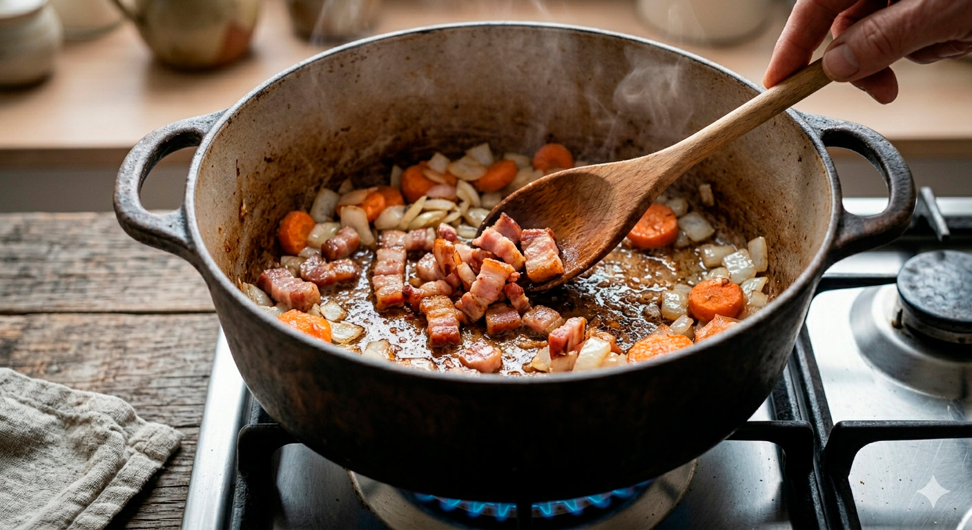 Salteado de tocino y vegetales para sopa de lentejas casera en olla de fondo pesado