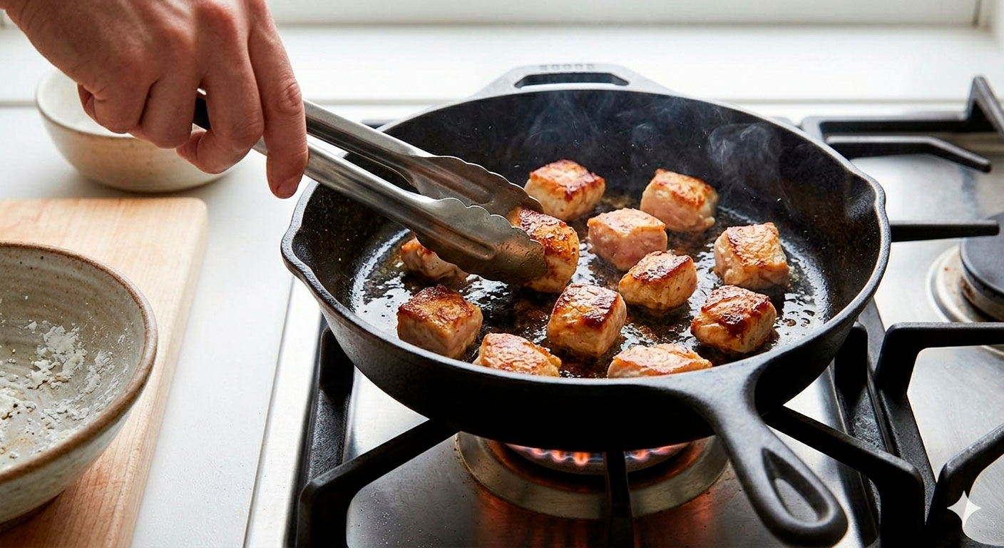 Cubos de pollo sellándose en sartén caliente para Pollo a la Naranja y Salsa de Soja