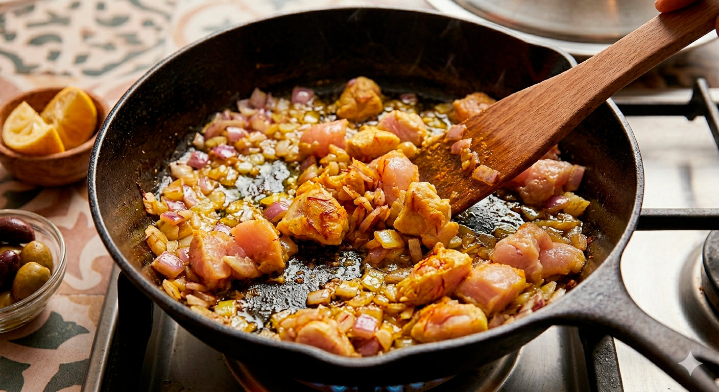 Tajine de pollo en proceso de sellado dorado en sartén de hierro junto a cebolla