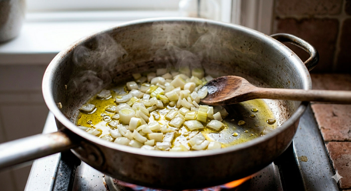 Sofrito de cebolla y puerro para crema de coliflor al curry suave irresistible