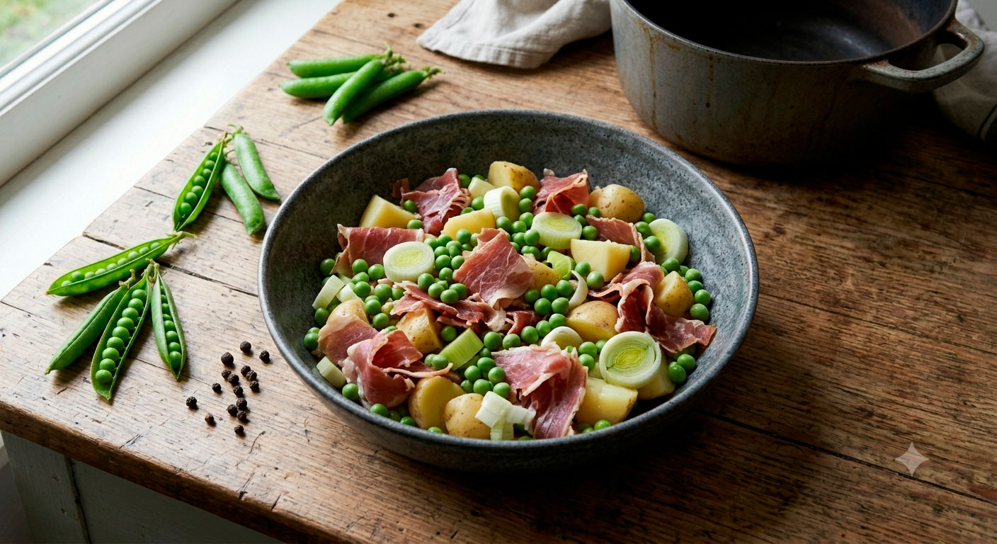 Sofrito de puerro y patata en cuenco, base de la sopa de guisantes con jamón serrano
