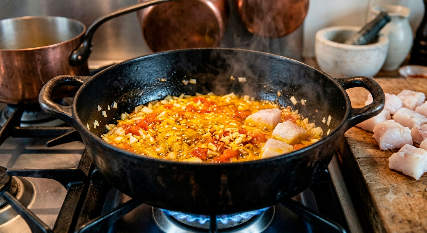 Sofrito de azafrán chisporroteando en olla de hierro, base de la sopa de mariscos irresistible