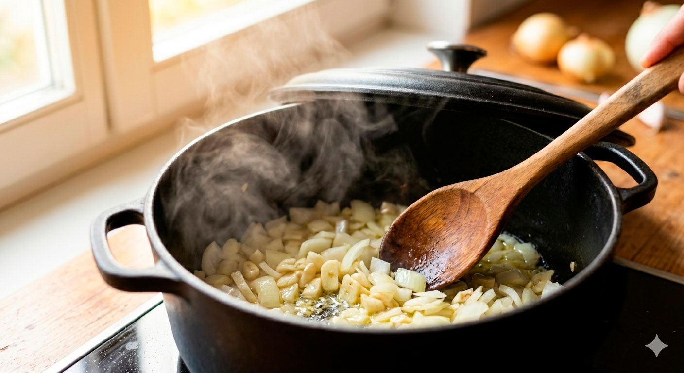 Base aromática de cebolla, ajo y nuez para crema de cilantro en proceso inicial de preparación
