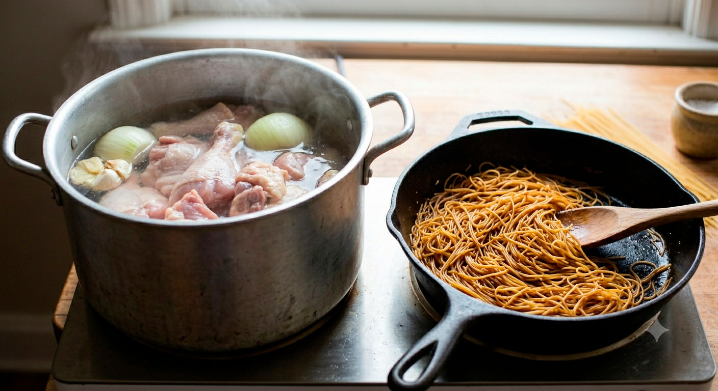 Fideo fino dorado en cazuela durante la preparación de la sopa de fideos en caldo de pollo