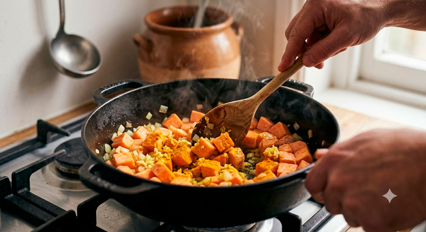 Crema de camote y jengibre en proceso de cocción lenta con especias en olla de fondo grueso