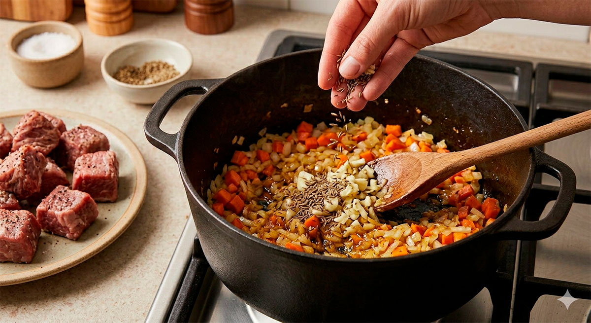 estofado de cordero con ciruelas en proceso de sofrito con comino y ajo