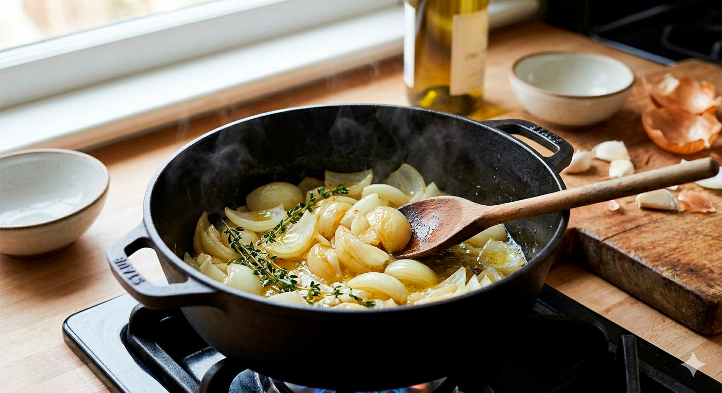Cebollas cocinándose lentamente en olla de hierro para sopa de cebolla francesa