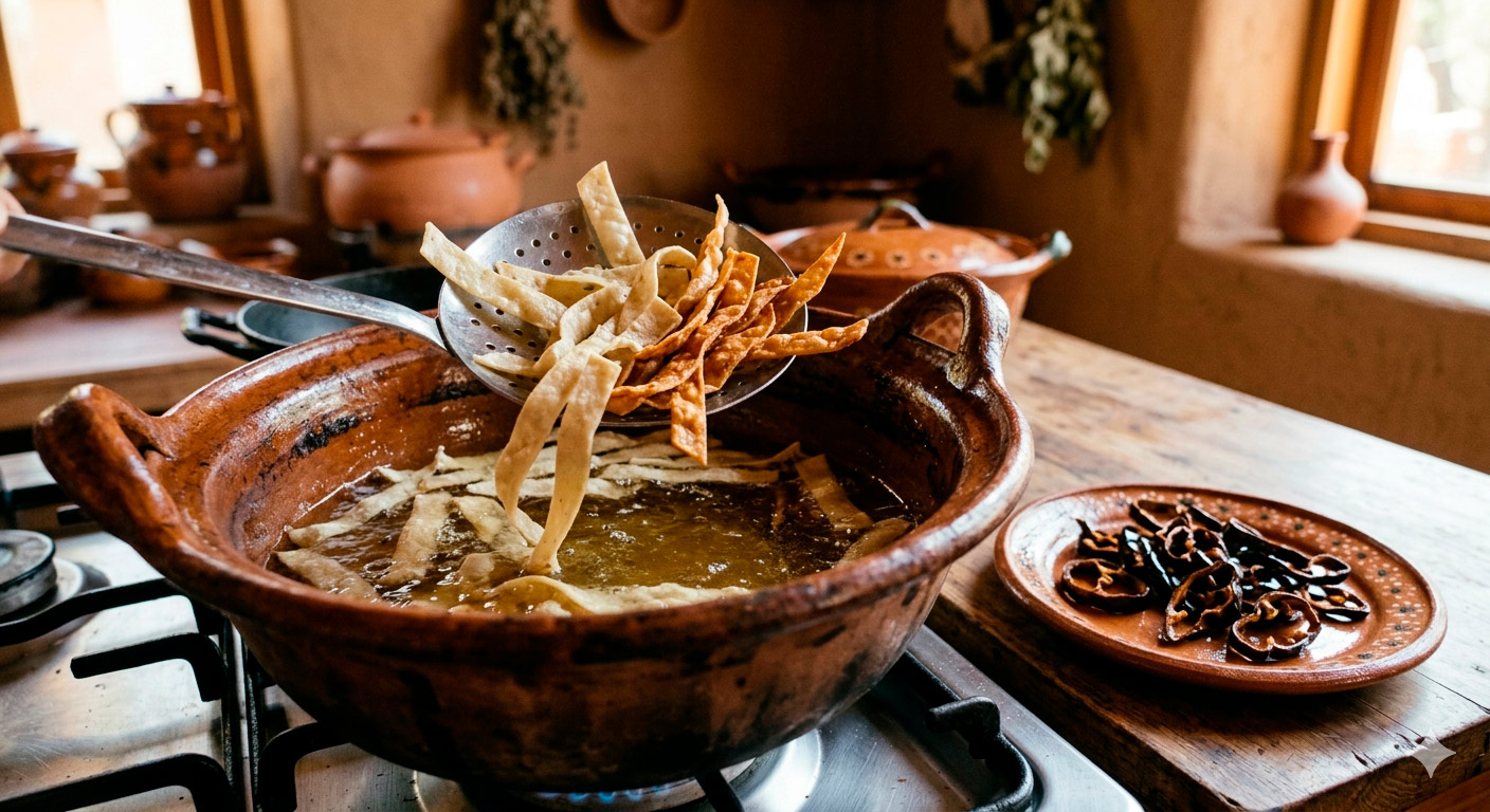 Tiras de tortilla y anillos de chile pasilla friéndose en aceite caliente para sopa de tortilla tradicional
