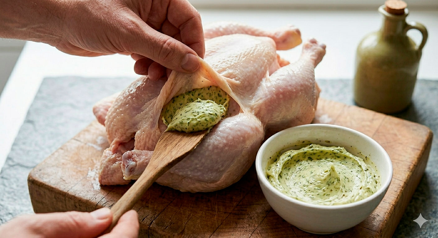 Pollo asado con mantequilla de hierbas listo para servir, perfectamente dorado y presentado