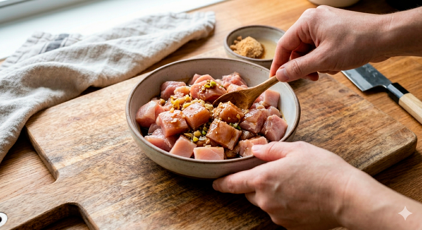 Pollo teriyaki con sésamo y jengibre en proceso de marinado
