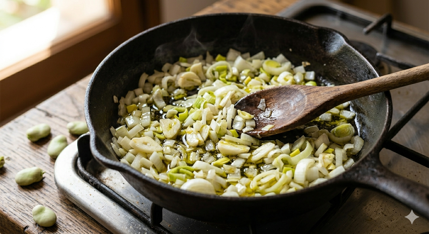 Sofrito de cebolla, puerro y ajo en aceite de oliva para la sopa de habas tiernas con menta