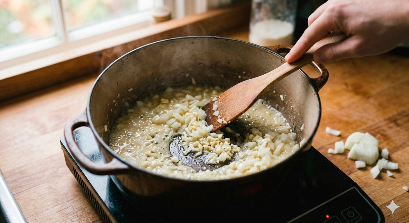Sofrito de cebolla con roux de mantequilla y harina, base de la crema de brócoli y queso cheddar