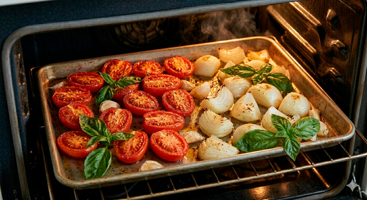 Tomates, cebolla y ajo rostizados en el horno para la sopa de tomate rostizado y albahaca fresca