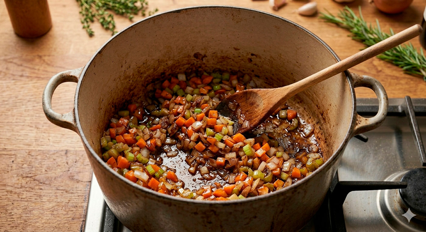 Soffritto de cebolla, zanahoria y apio cocinándose lentamente para el ossobuco al vino tinto